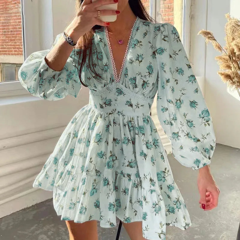 Women Floral Print Mini Dress High Waist A-Line Summer Autumn Long Sleeve V Neck Dresses Vintage Beach Vacation Casual Vestidos - Lizbert