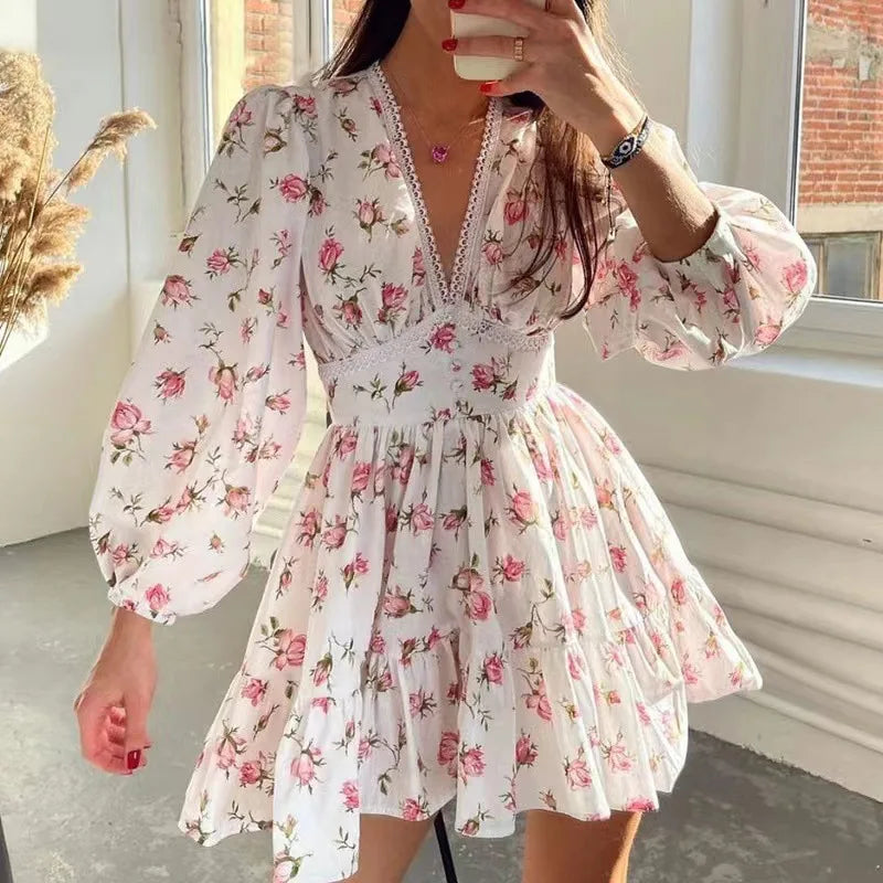 Women Floral Print Mini Dress High Waist A-Line Summer Autumn Long Sleeve V Neck Dresses Vintage Beach Vacation Casual Vestidos - Lizbert