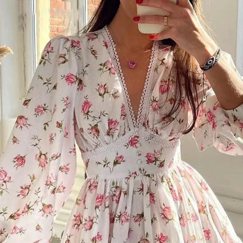 Women Floral Print Mini Dress High Waist A-Line Summer Autumn Long Sleeve V Neck Dresses Vintage Beach Vacation Casual Vestidos - Lizbert