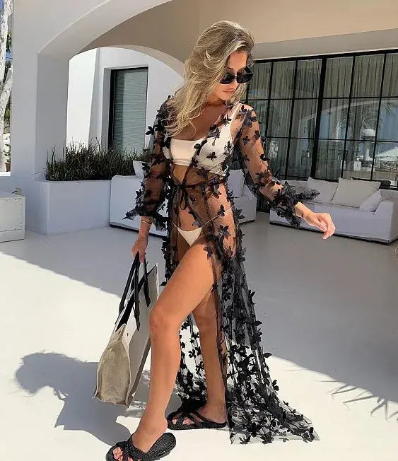 Women's Swimsuit Beach Cover Up Sexy Open Front 3D Butterfly Flowy Kimono Cardigan Feamel Swimwear Maxi Dresses Bikini COver Up Lizbert