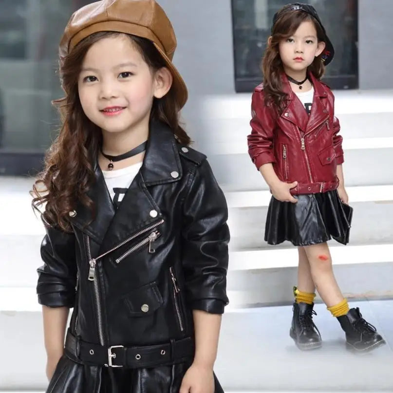 2021 New Autumn Winter Baby Girls Solid color lapel PU leather Kids Fashion Leather Jackets Children Outerwear Clothes 3-12Y Lizbert