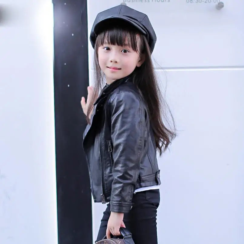 2021 New Autumn Winter Baby Girls Solid color lapel PU leather Kids Fashion Leather Jackets Children Outerwear Clothes 3-12Y Lizbert