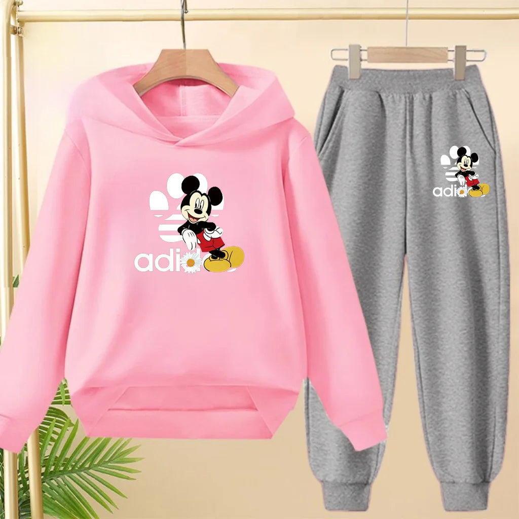 Children's Black Hoodie Anime Mickey Print Pullover 3-12Yrs Coat Sweatshirt+Pants Boys Girls Toddler Sports Clothing Leisure Set
