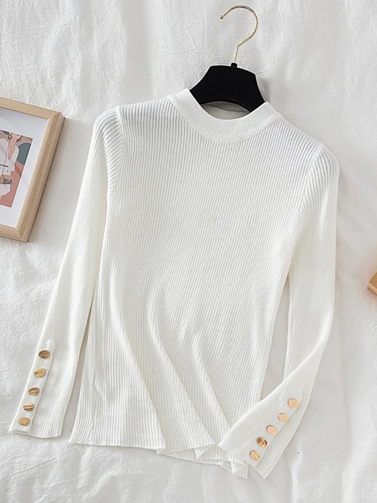 2025 women thick sweater pullovers khaki casual autumn winter button o-neck chic sweater female slim knit top soft jumper tops - Lizbert