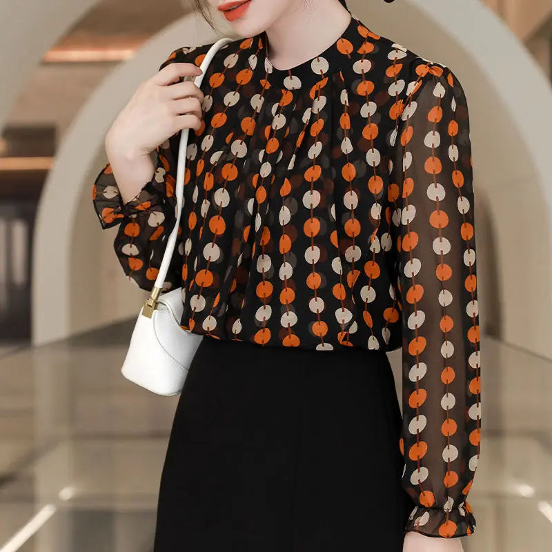 Spring Autumn New Round Neck Long Sleeve Blouse Women Fashion Ruffles Polka Dot Pullovers Elegant High Street All-match Tops Lizbert