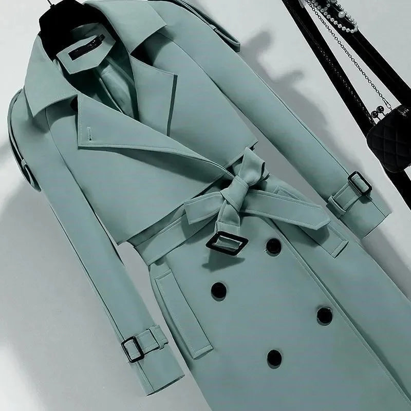 Women Long Trench Coat Fashion Windproof Coat Double Breasted Trench Coats Green Belt Windbreaker Spring Autumn Female Outerwear Lizbert
