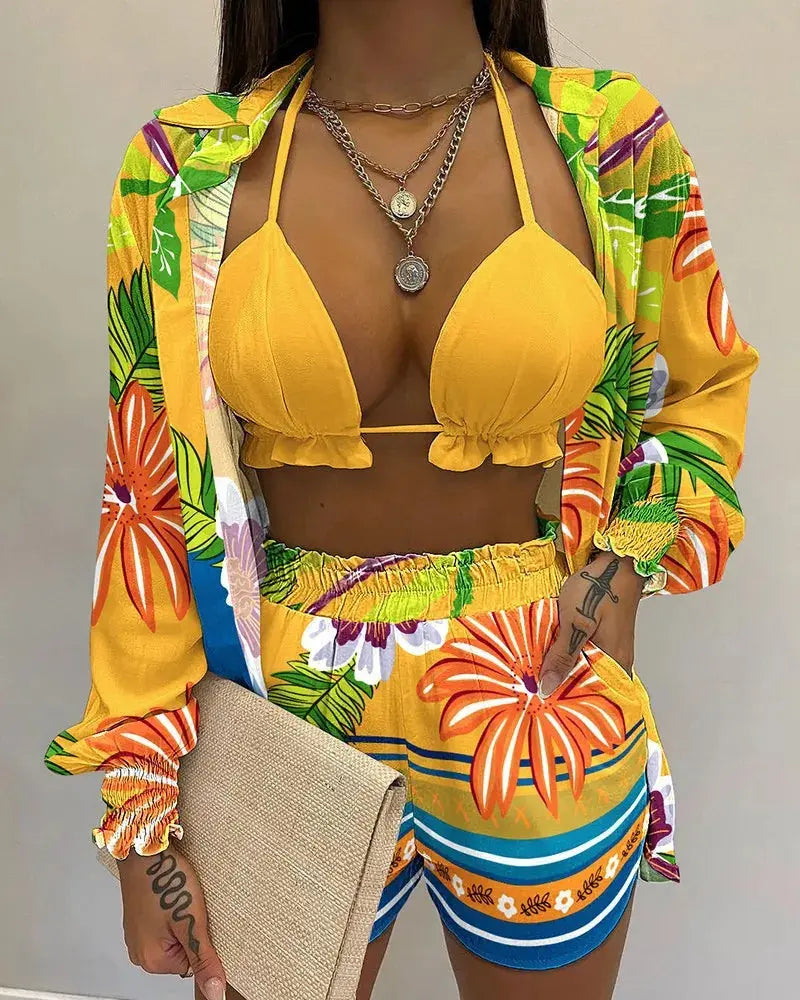 2024 New Bathing Suit Shorts Cover Up Summer Three Pieces Swimwear Sexy Beachwear High Waist Bikini Set Print Women's Swimsuit Lizbert