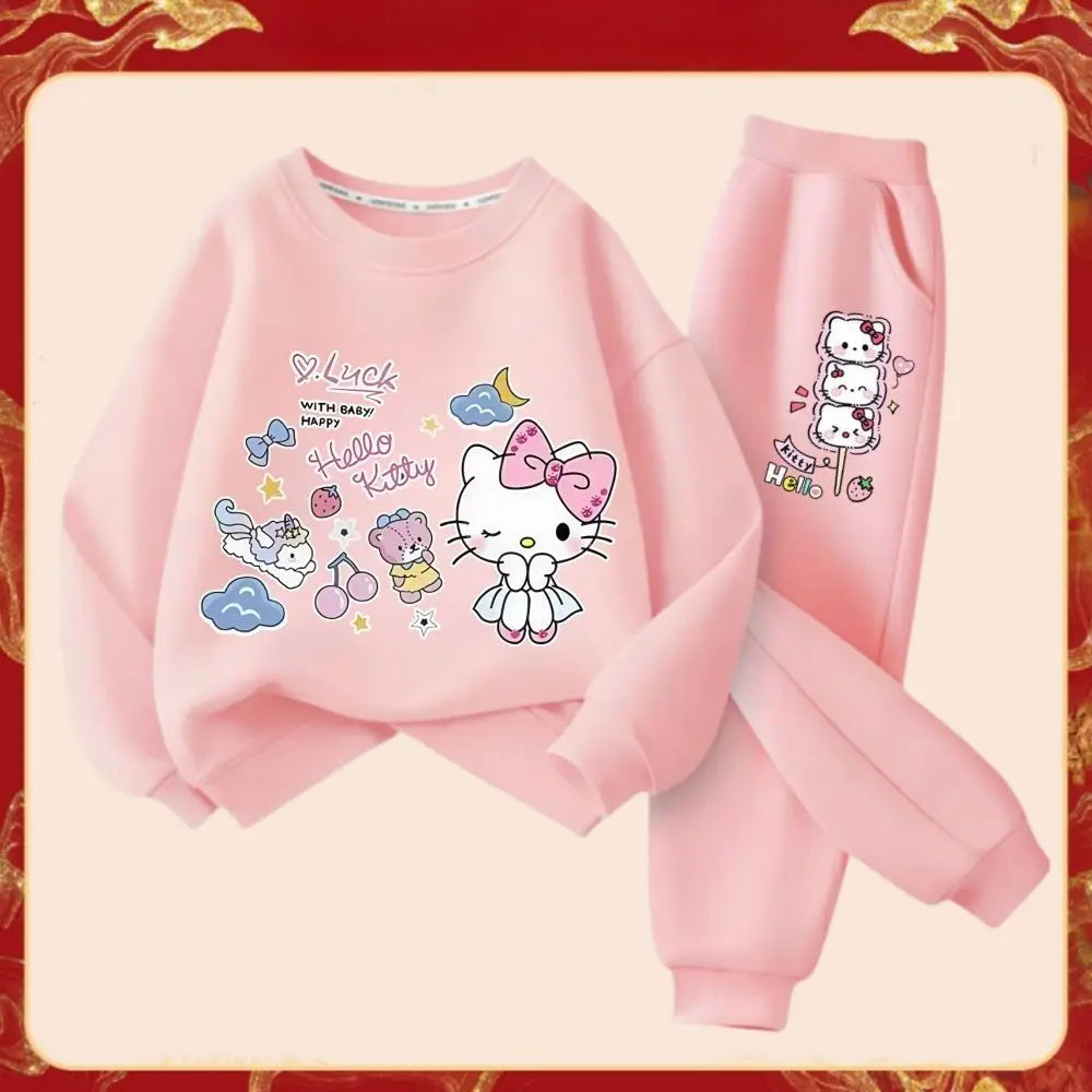 Spring Autumn Girl's Fashion Clothes Sets Kids Cartoon Hello Kitty Print Sweater Pullover Tops & Pants 2Pcs Outfit Tracksuit