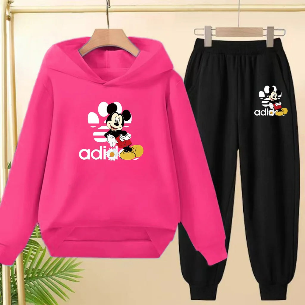 Children's Black Hoodie Anime Mickey Print Pullover 3-12Yrs Coat Sweatshirt+Pants Boys Girls Toddler Sports Clothing Leisure Set