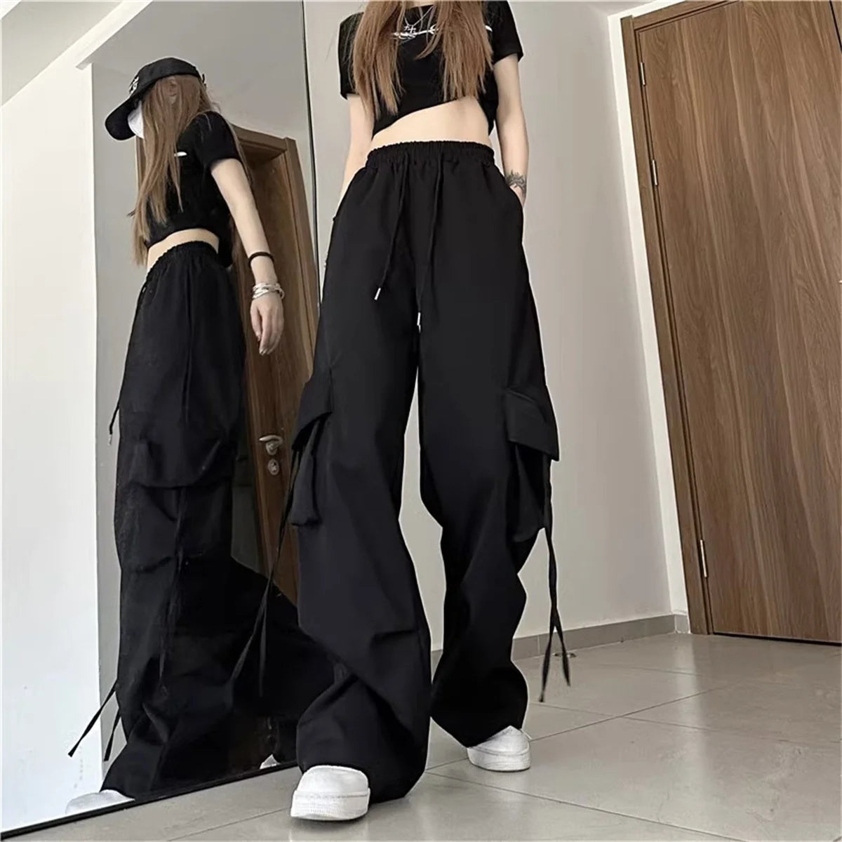 Plus Size Women Cargo Pants High Waist Solid Fashion Street Pant Vintage Drawstring Pocket Trousers Loose Casual Joggers Clothes - Lizbert