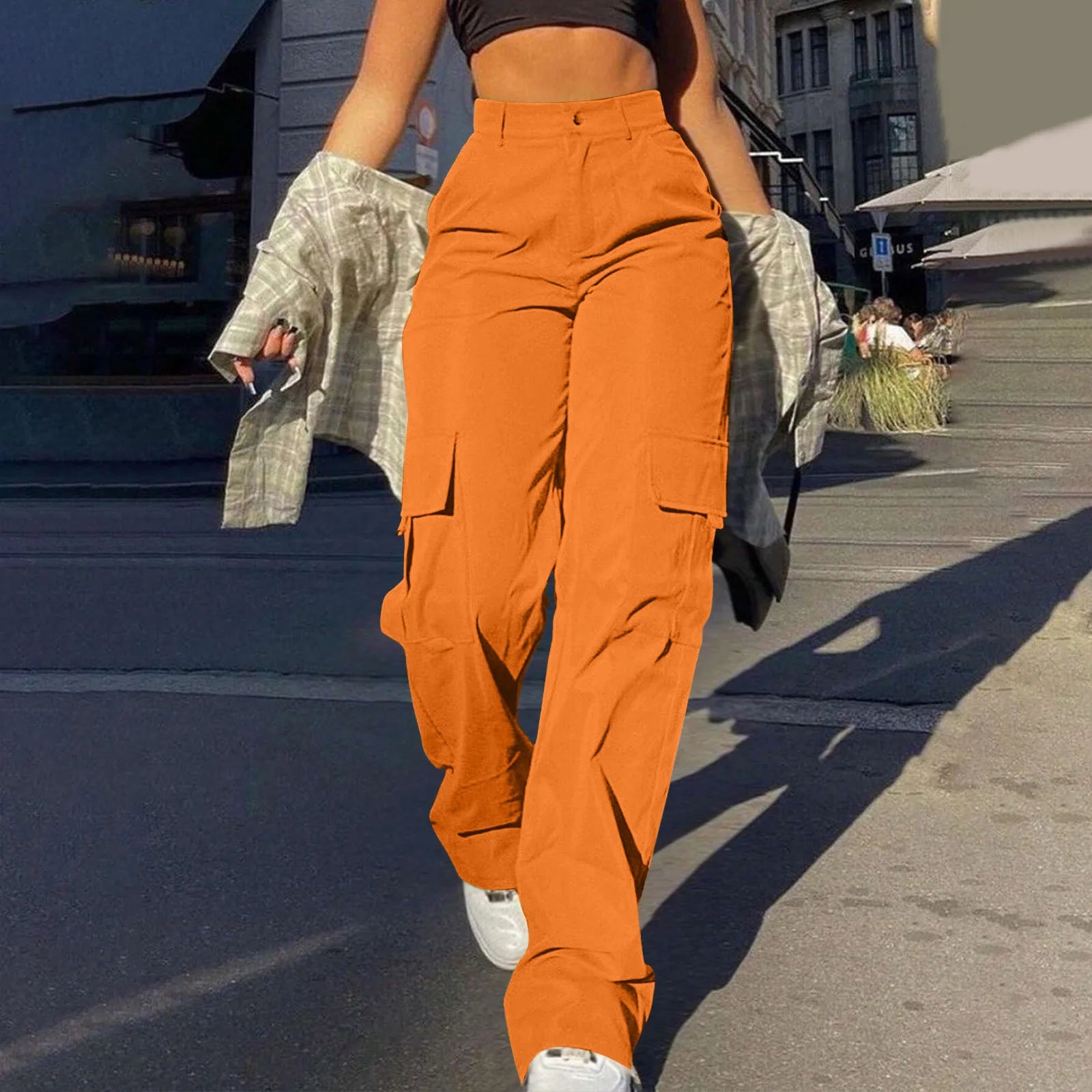 Women's Loose Cargo Pants High Waist Wide Leg Solid Color Full Length Trousers With Pockets Casual All Seasons Long Pantalones - Lizbert