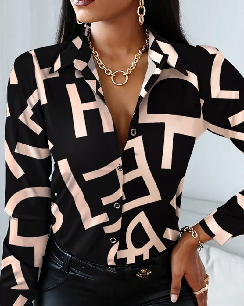 Elegant Women's Fashion Blouse 2023 Spring/Summer Digital Print Shirt Commuter Slim Fit Office Female Tops Lizbert
