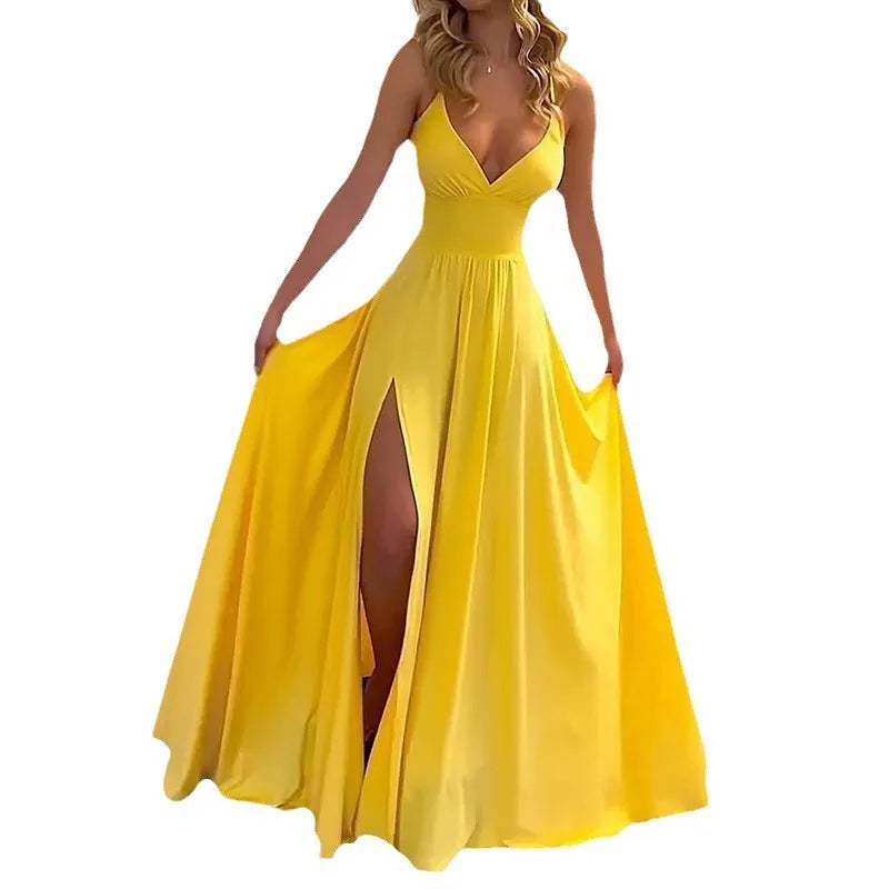 Women Sexy Spaghetti Strap V Neck Dresses Hollow Out Sleeveless Side Split Evening Dress Elegant Solid High Waist Pleat Vestidos - Lizbert