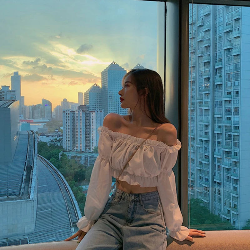 Women Top Sexy Blouse Off Shoulder Top Long Sleeve Solid Color White Shirt Puff Sleeve Ruffle Tunic Crop Top Summer Tube Top Lizbert