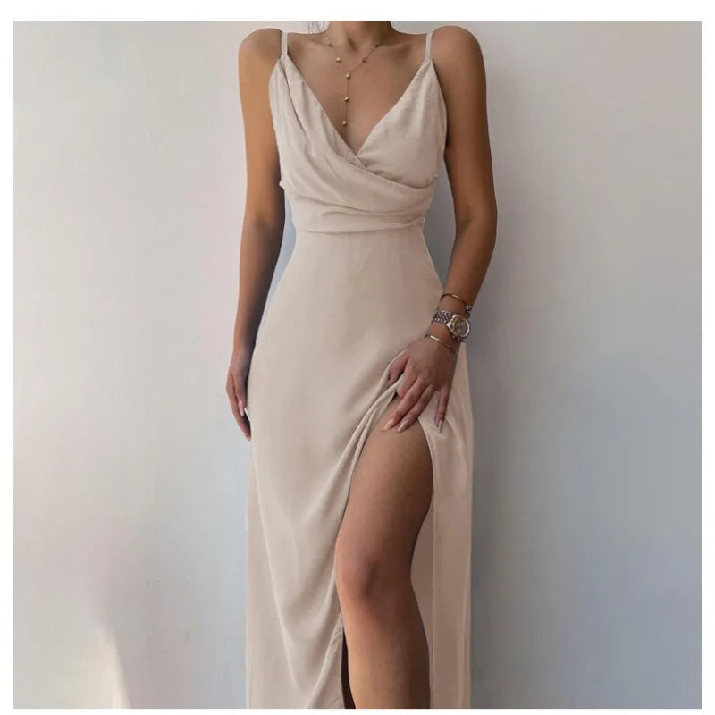 Women Elegant Strap Sleeveless V Neck High Waist Folds Halter Slit Evening Long Dress Night Clubwear Sexy Corset Party Dress - Lizbert