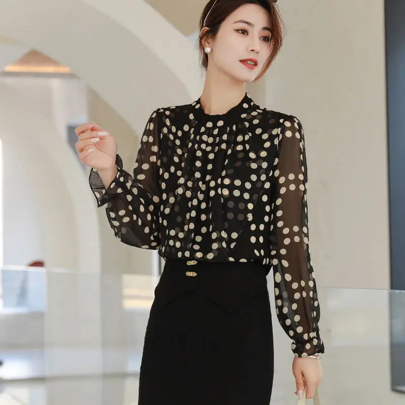 Spring Autumn New Round Neck Long Sleeve Blouse Women Fashion Ruffles Polka Dot Pullovers Elegant High Street All-match Tops Lizbert