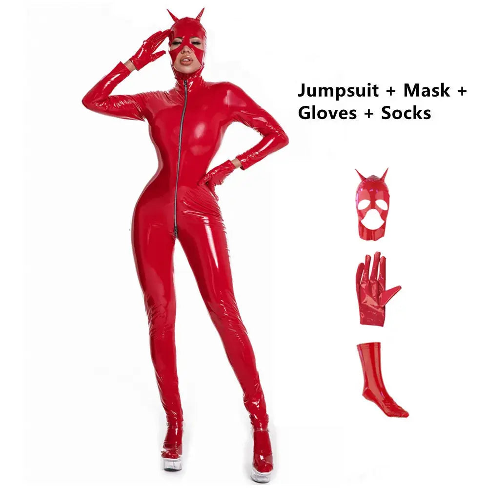 Latex Catsuit Women Wet Look Shiny PU Faux Leather Jumpsuits Suit Long Sleeve Zip Open Crotch Bodysuit Clubwear Plus Size S-5XL Lizbert