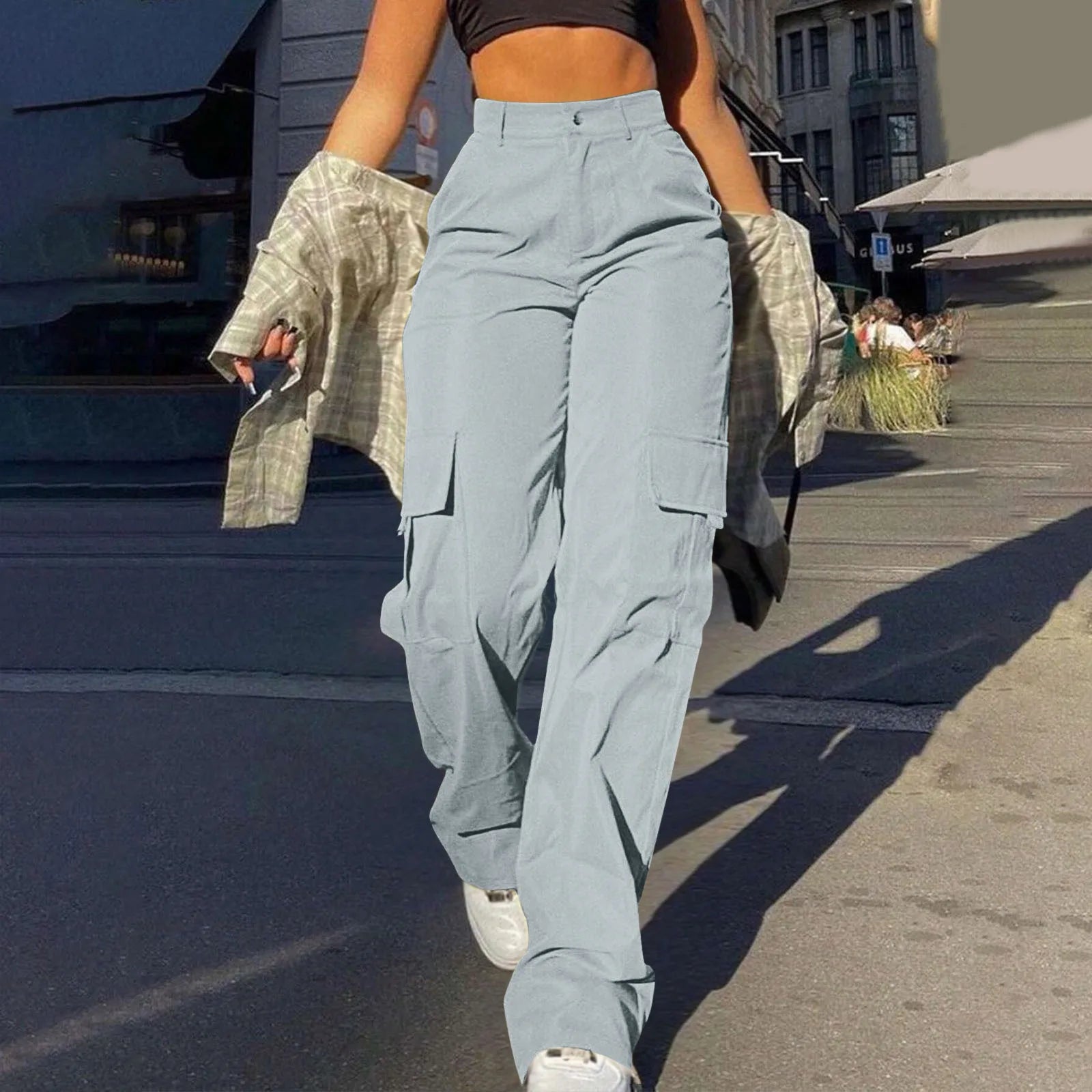 Women's Loose Cargo Pants High Waist Wide Leg Solid Color Full Length Trousers With Pockets Casual All Seasons Long Pantalones - Lizbert