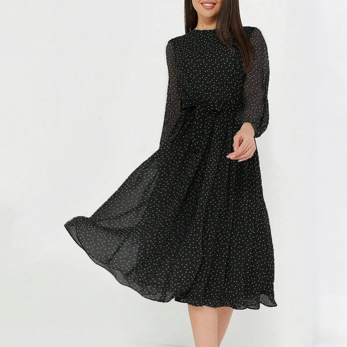 Print Dot Dress Women Casual Long Sleeve Round Neck Midi Dresses Lace Up Vocation Elegant Vestidos Summer 2025 Y2k Streetwear Lizbert