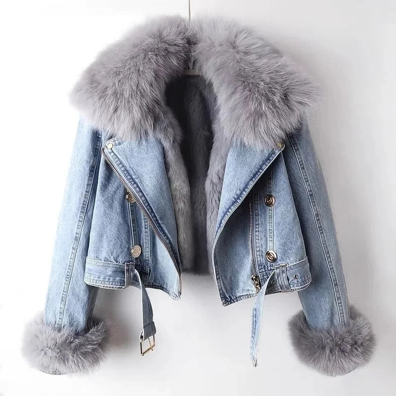 Women's Winter Denim Jacket Coat Fleece Lined Warm Cowboy Style With Removable Faux Fox & Rabbit Fur Liner Short Design Lizbert
