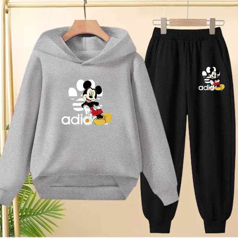 Children's Black Hoodie Anime Mickey Print Pullover 3-12Yrs Coat Sweatshirt+Pants Boys Girls Toddler Sports Clothing Leisure Set