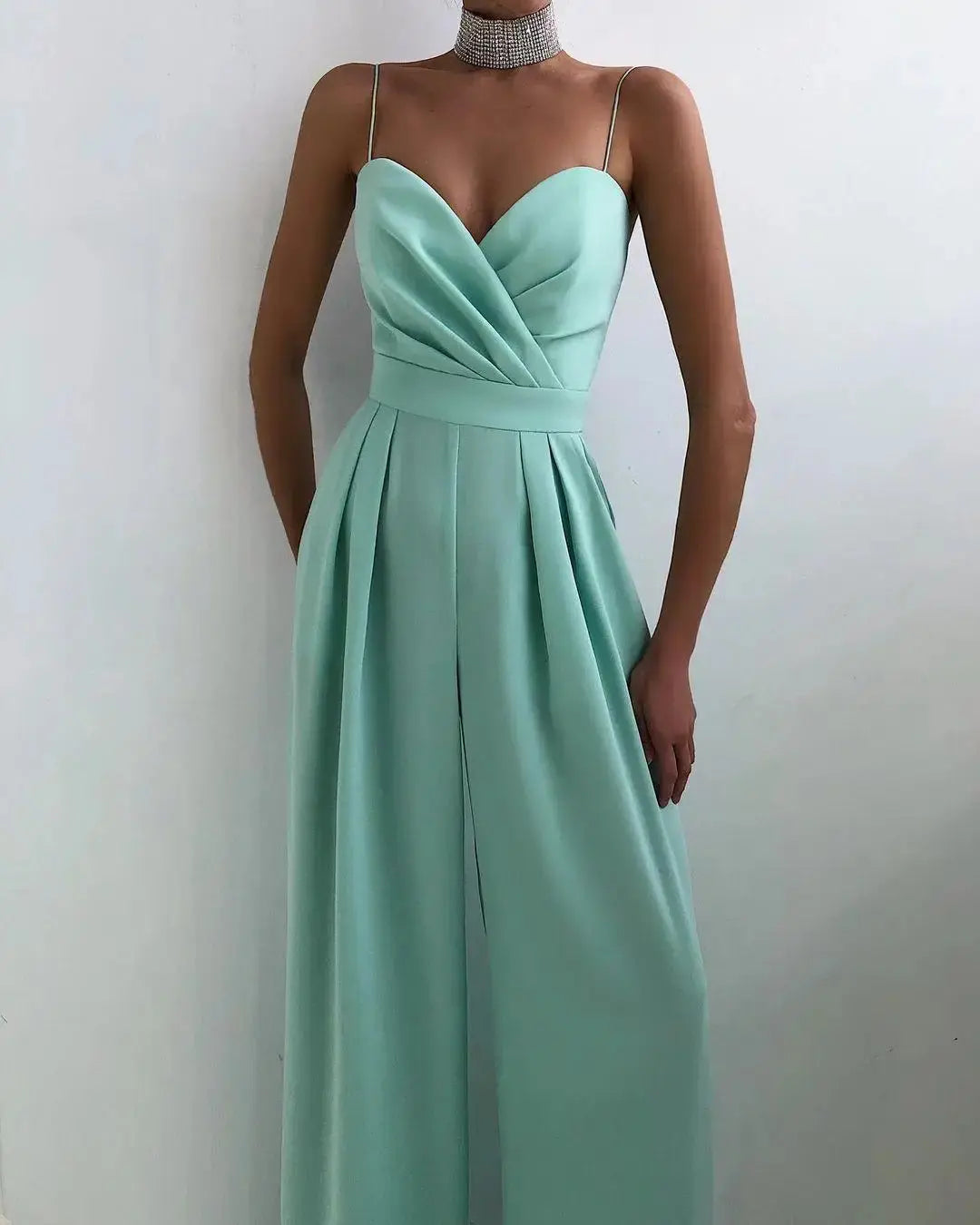 Chic Spaghetti Straps Wide Leg Pants Jumpsuits Elegant Fashion Women Ladies V-Neck High Waist Long Rompers Sleeveless Suit Lizbert