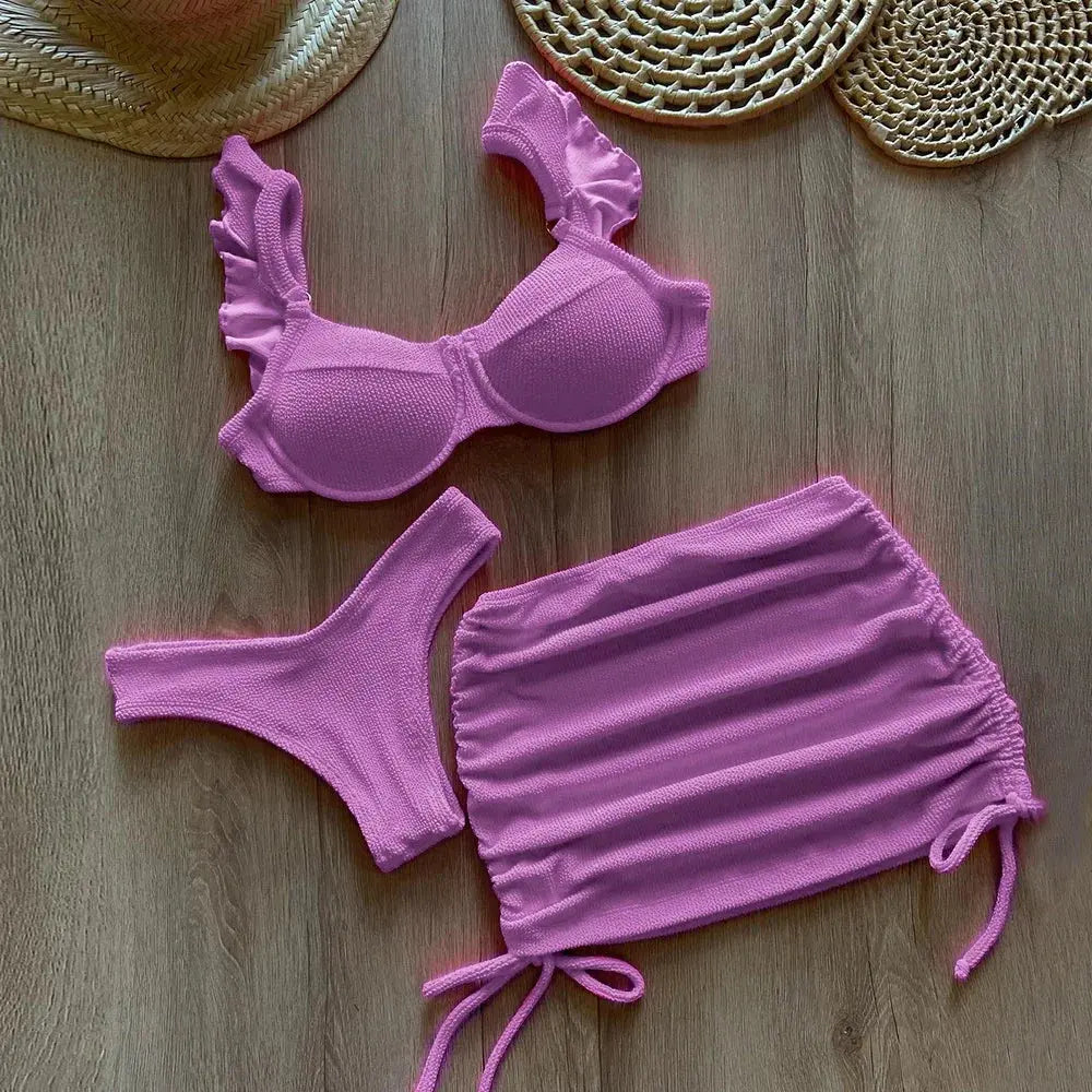 Solid Wavy Fabric Low Waist Bikini Set Cover Up Swimsuit For Women Push Up Ruffle Three Pieces Swimwear 2025 Beach Bathing Suits Lizbert