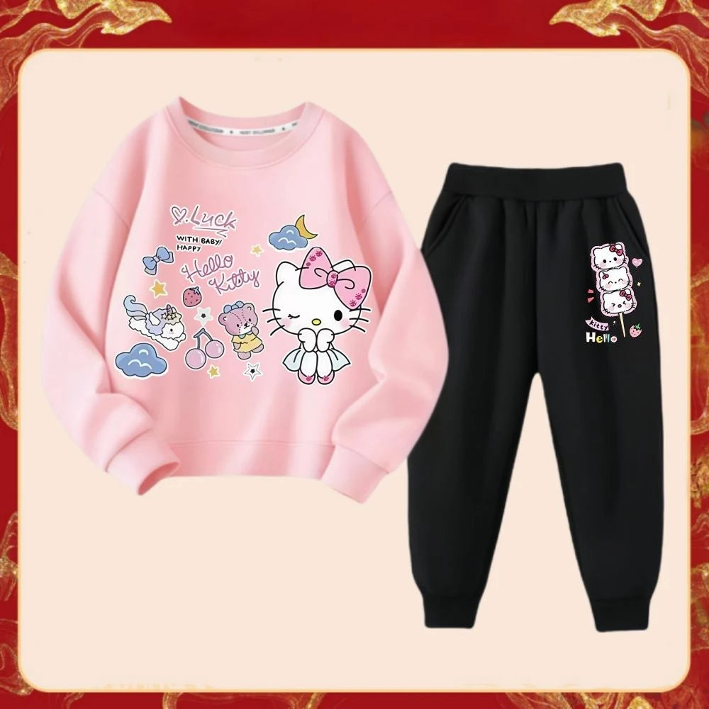 Spring Autumn Girl's Fashion Clothes Sets Kids Cartoon Hello Kitty Print Sweater Pullover Tops & Pants 2Pcs Outfit Tracksuit