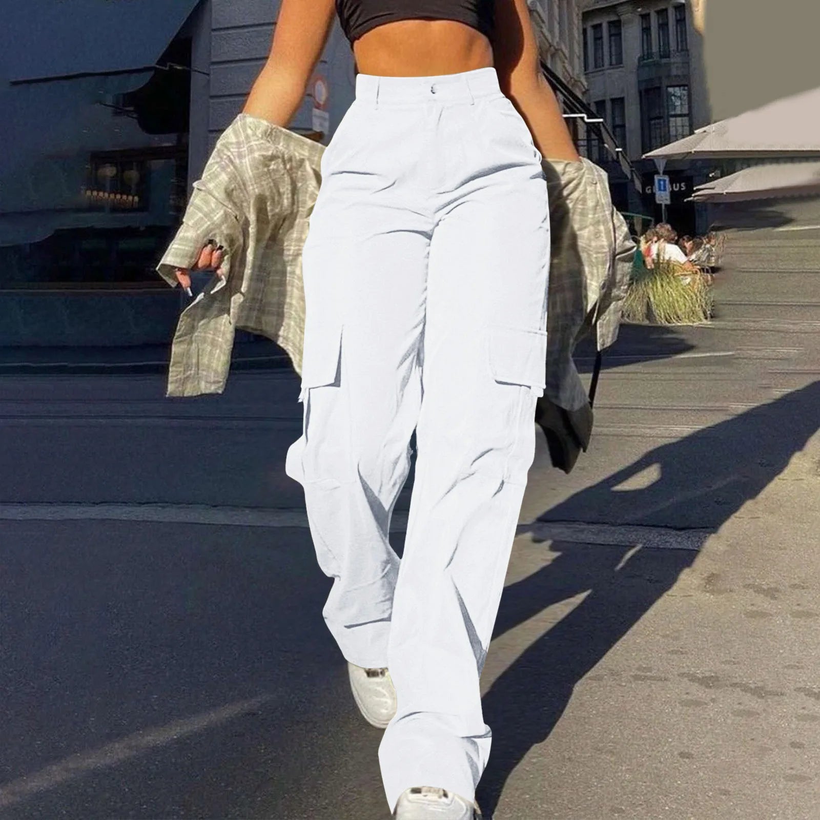 Women's Loose Cargo Pants High Waist Wide Leg Solid Color Full Length Trousers With Pockets Casual All Seasons Long Pantalones - Lizbert