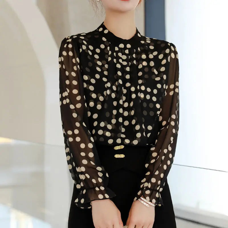 Spring Autumn New Round Neck Long Sleeve Blouse Women Fashion Ruffles Polka Dot Pullovers Elegant High Street All-match Tops Lizbert