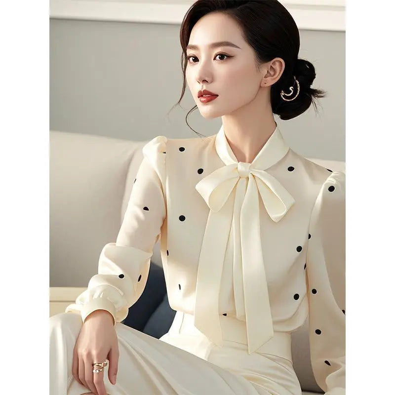 2026 Autumn Women's Polka Dot Bow Tie Blouse Long Sleeve Office Elegant Casual Chiffon Shirt French Style Stylish Ladies Tops Lizbert
