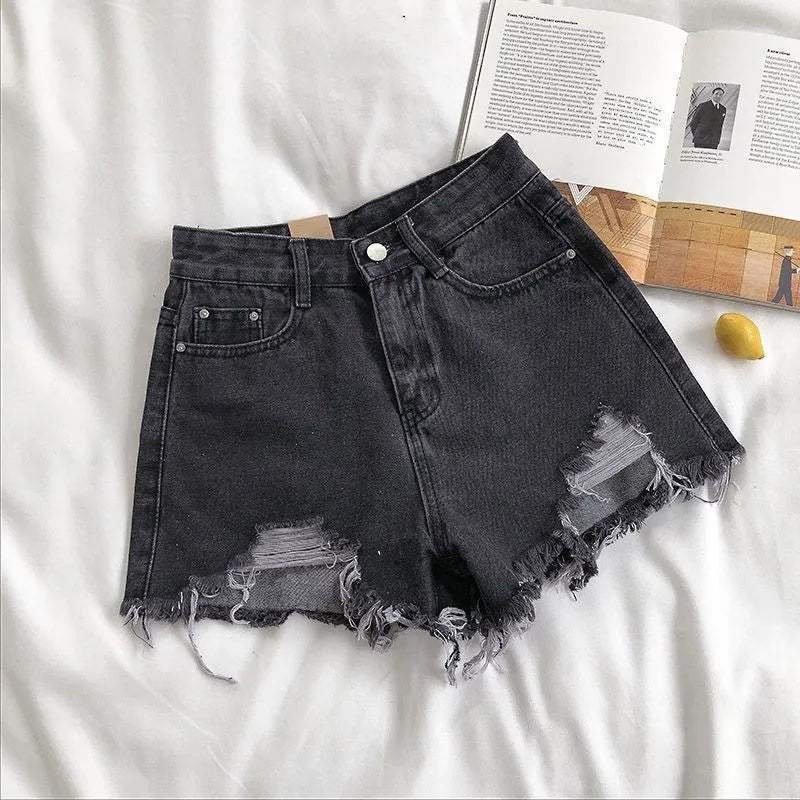 Korean Denim Shorts Women Summer Fashion Casual High Waist Ripped Jeans Pocket Tassel Y2K Hot Pants Streetwear Blue Trousers Lizbert