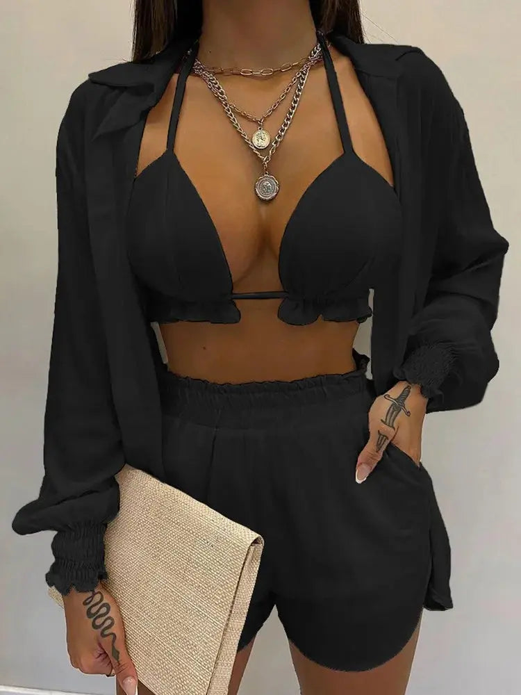 2024 New Bathing Suit Shorts Cover Up Summer Three Pieces Swimwear Sexy Beachwear High Waist Bikini Set Print Women's Swimsuit Lizbert