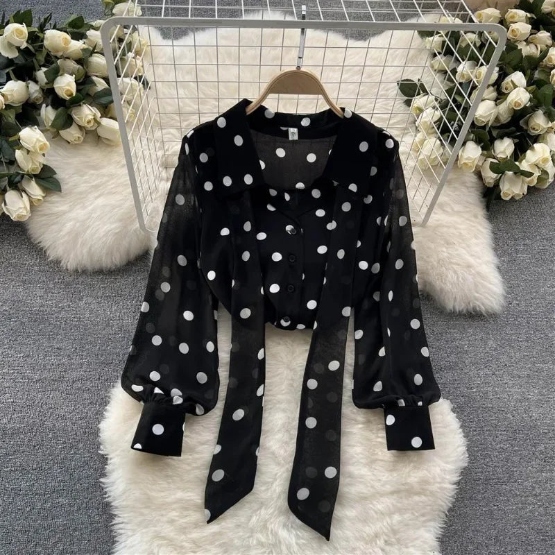 Chiffon Shirt Sweet Polka Dot Tops Blusas Femininas Elegantes Blouse Vintage Black Shirts Y2k New 2025 Spring Thin Lizbert