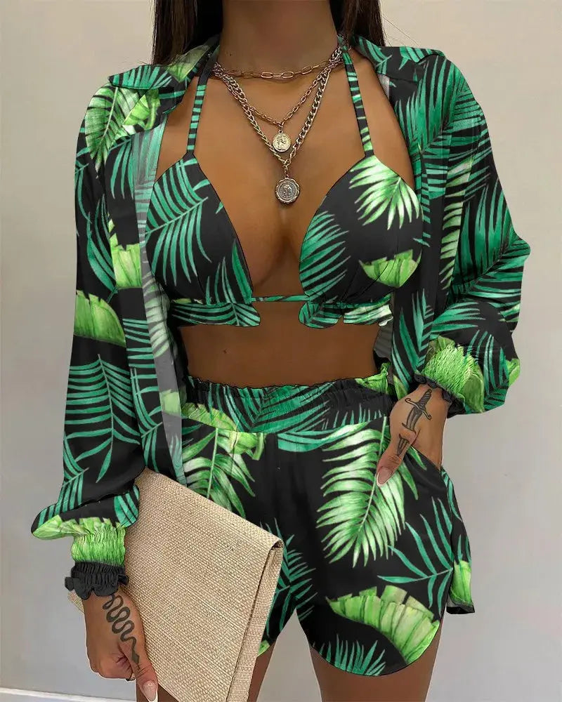 2024 New Bathing Suit Shorts Cover Up Summer Three Pieces Swimwear Sexy Beachwear High Waist Bikini Set Print Women's Swimsuit Lizbert