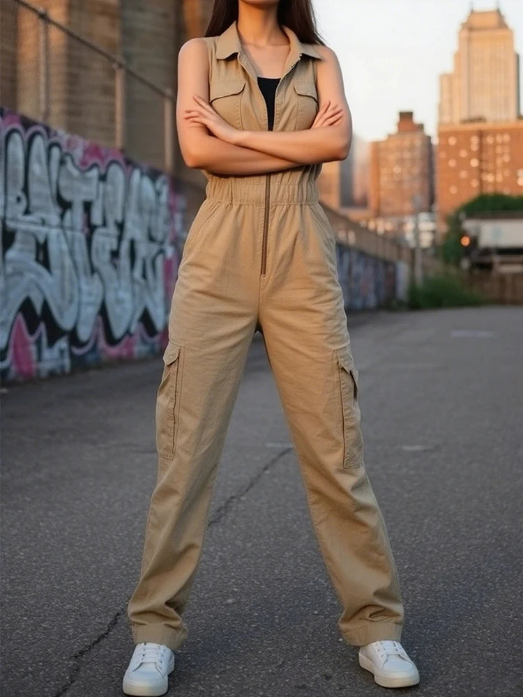 Fashion Lapel Sleeveless Jumpsuit Elegant Lady Solid Zipper Commute Romper Summer New High Waist Pocket Women Playsuits Overalls