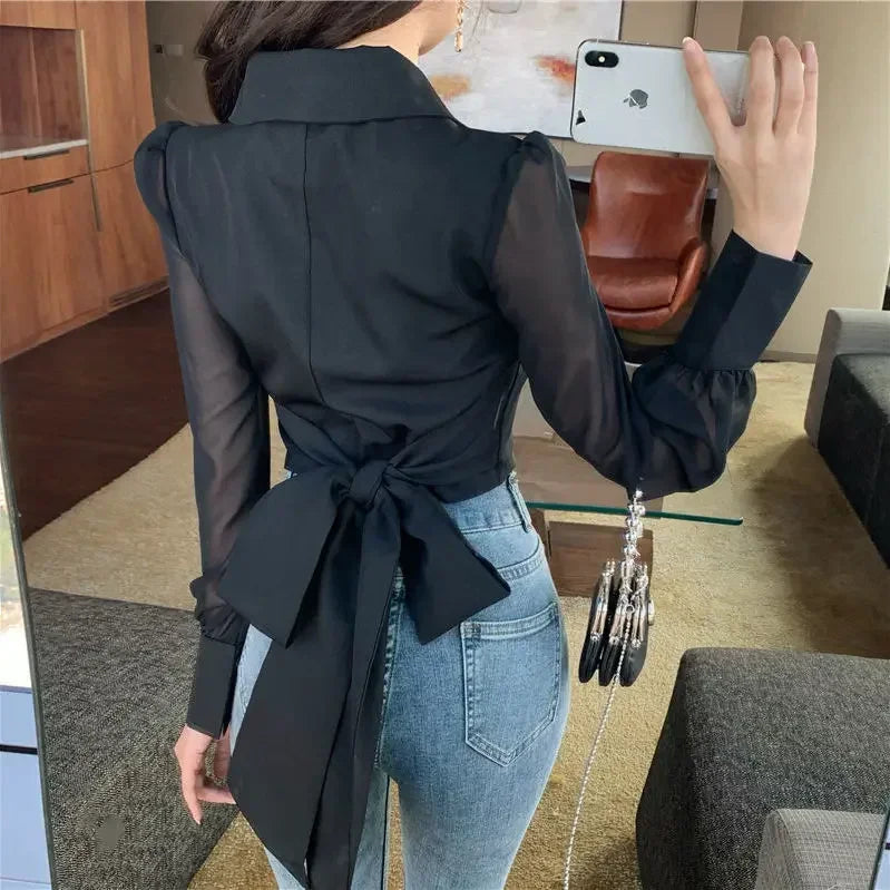 Womens Crop Tops 2024 Blusas Mujer De Moda V-neck Bandage Bow Slim Waist Chiffon Blouses Korean Elegant White Shirt Lizbert