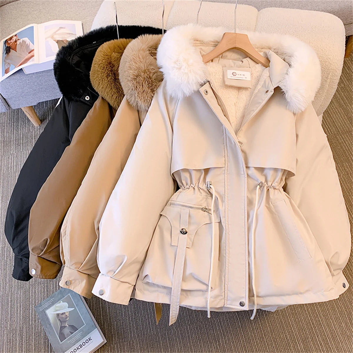 Women Autumn Winter Fashion Coats Korean Hooded Drawstring Padded Jackets Solid Female Casual Street Outfit Coat Zip Up Parkas Lizbert