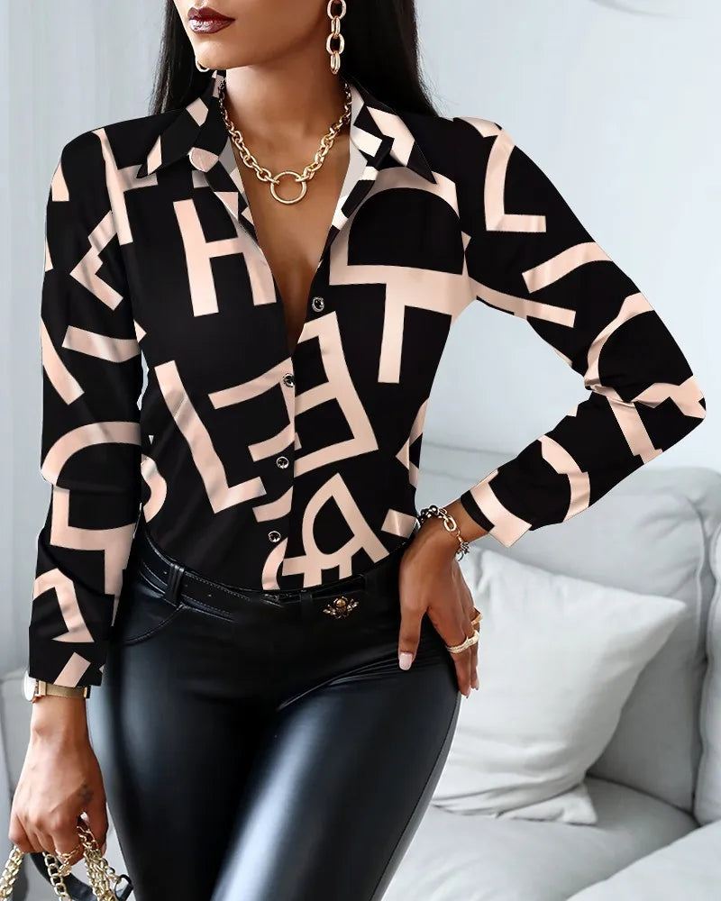 Elegant Women's Fashion Blouse 2023 Spring/Summer Digital Print Shirt Commuter Slim Fit Office Female Tops Lizbert
