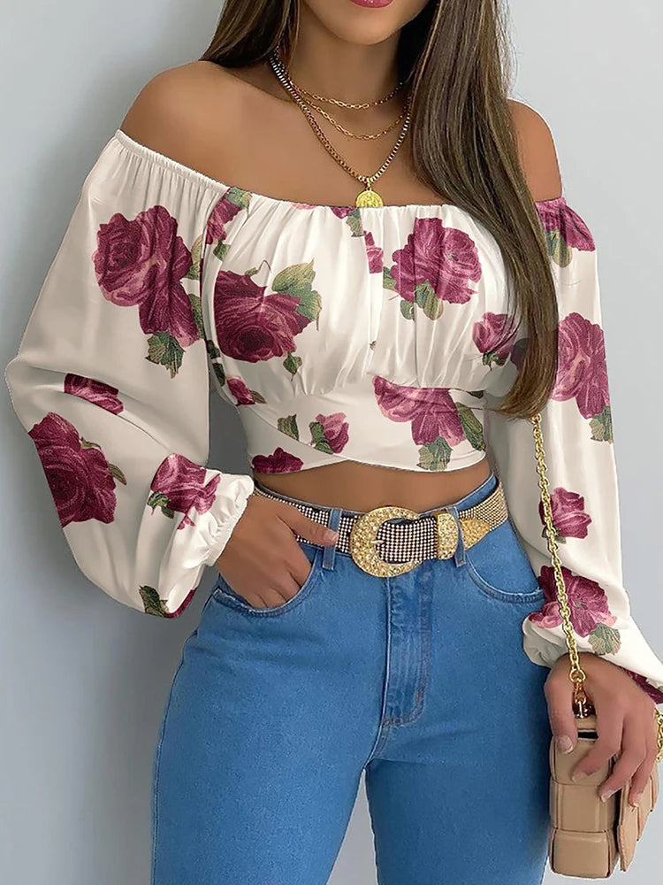 Women Elegant Boho Print Blouse Casual Long Lantern Sleeve Off Shoulder Slim Shirt Female Chic Cropped Top Summer Tunics Lizbert