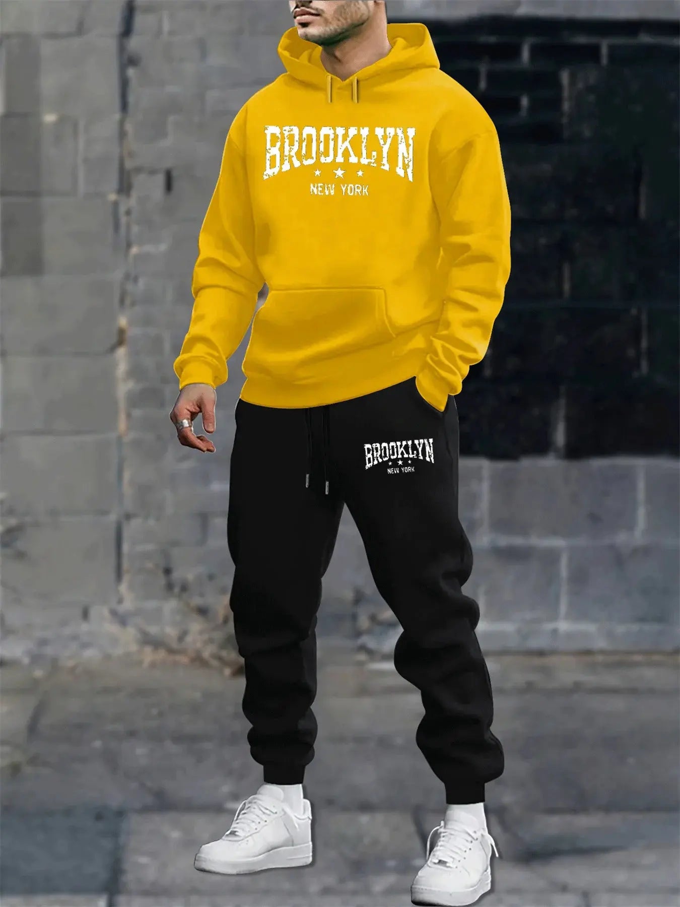 men's sweatshirt  autumn and winter casual fashion warm Brooklyn New York letter printed loose plush thick hooded sweatshirt+sweatpants set Lizbert