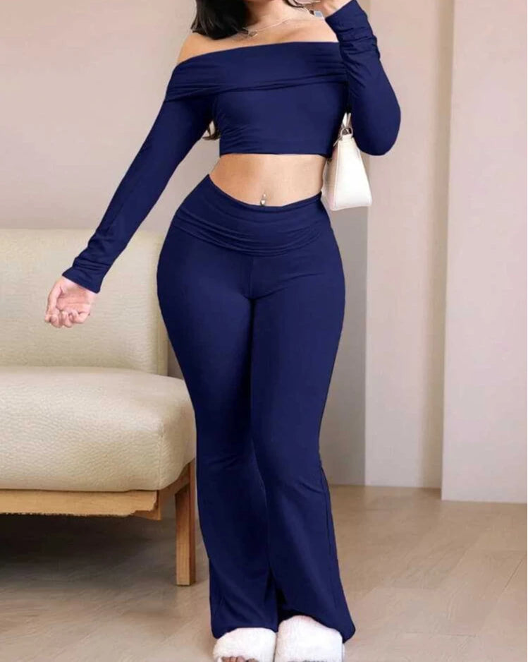 Casual Workout Two Piece Sets Woman Outfits Crop Long Sleeves Tops Foldover Flare Pants Tracksuit Suit Summer and Fall 2025 New - Lizbert