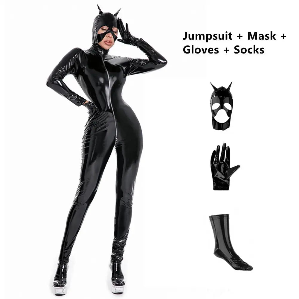Latex Catsuit Women Wet Look Shiny PU Faux Leather Jumpsuits Suit Long Sleeve Zip Open Crotch Bodysuit Clubwear Plus Size S-5XL Lizbert