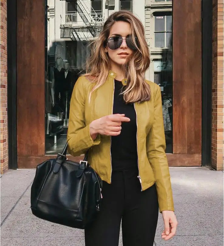 2025 Women Bike Coat PU Leather Outwear Zipper Outfit Autumn Winter Wome Fashion Short Thin Female Jacket Lizbert