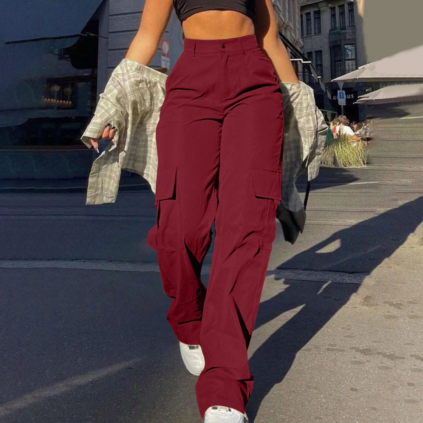 Women's Loose Cargo Pants High Waist Wide Leg Solid Color Full Length Trousers With Pockets Casual All Seasons Long Pantalones - Lizbert