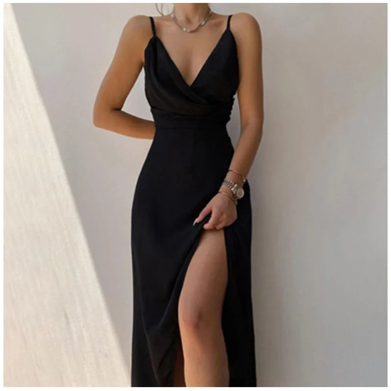Women Elegant Strap Sleeveless V Neck High Waist Folds Halter Slit Evening Long Dress Night Clubwear Sexy Corset Party Dress - Lizbert