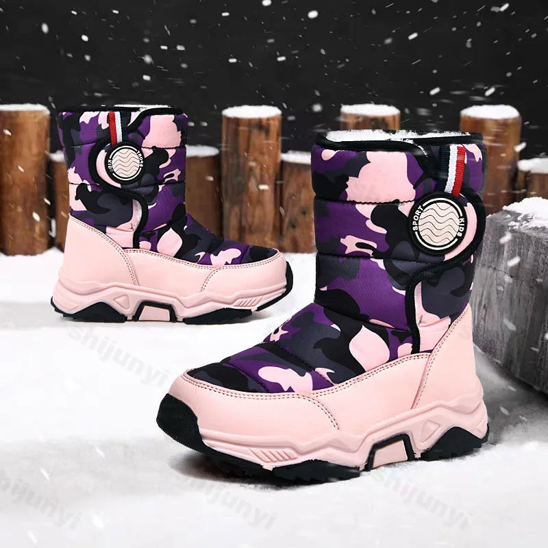 Boys Snow Boots 2025 Winter New Girls Warm Fleece-Lined Waterproof Anti-Slip Kids Cotton Shoe Outdoor Ankle Boots Children Shoes
