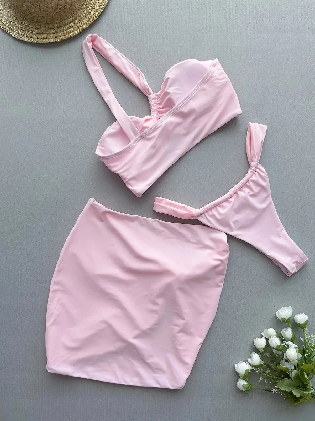 2026 New Sexy One shoulder Hollow Bikini Set Beach Cover Up Sexy Three Pieces Swimsuit Backless Bikini Swim Suits Beachwear Lizbert