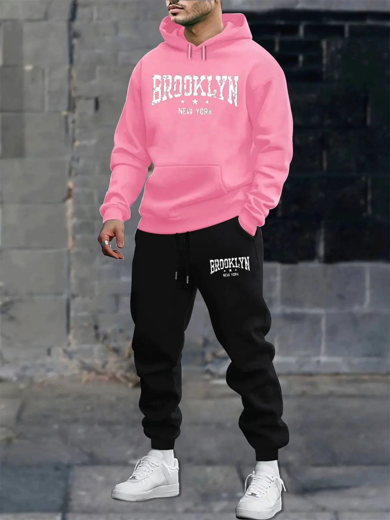 men's sweatshirt  autumn and winter casual fashion warm Brooklyn New York letter printed loose plush thick hooded sweatshirt+sweatpants set Lizbert