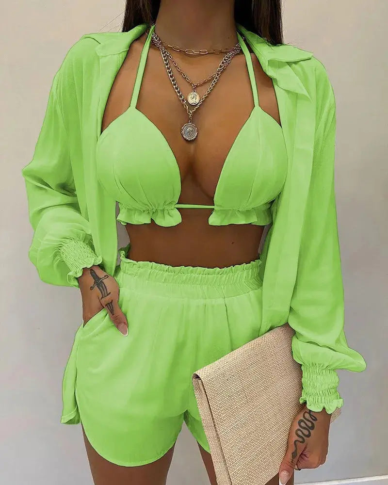 2024 New Bathing Suit Shorts Cover Up Summer Three Pieces Swimwear Sexy Beachwear High Waist Bikini Set Print Women's Swimsuit Lizbert